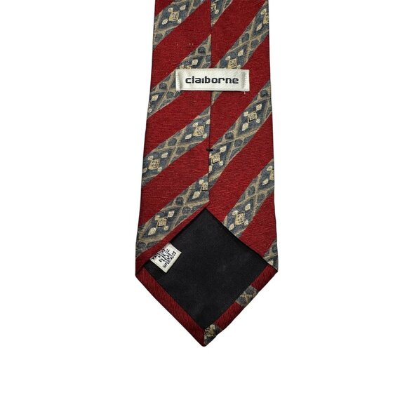Claiborne Red & Gray Striped Diamond Pattern Silk Tie - Picture 3 of 6